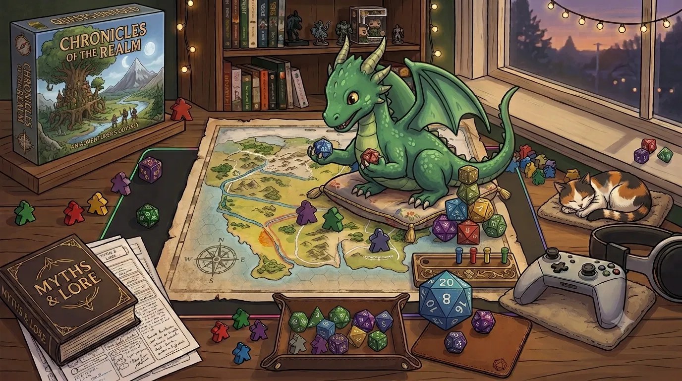 A cozy tabletop and gaming scene
